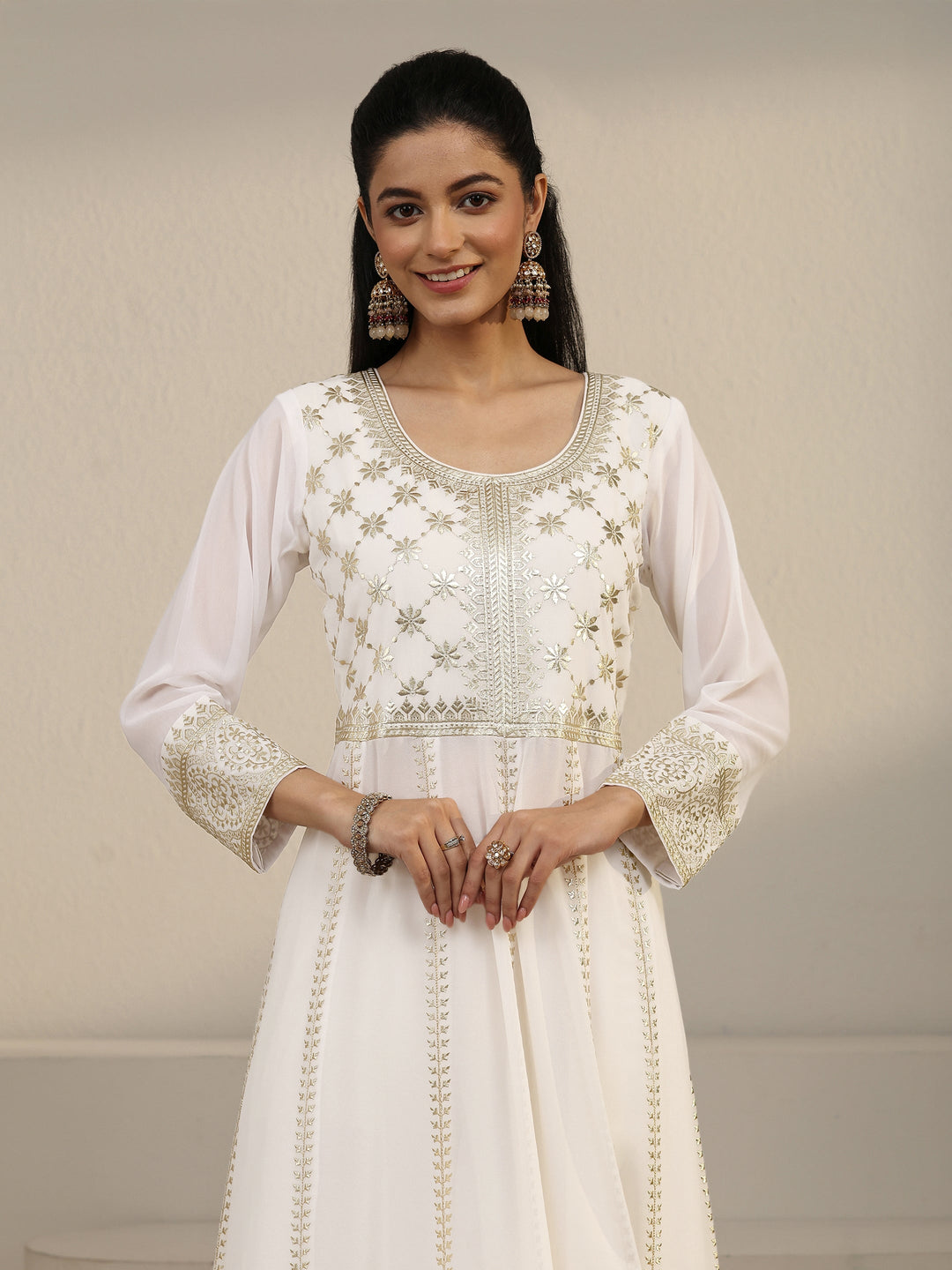 Libas Art White Floral Embroidered Georgette Anarkali Suit Set