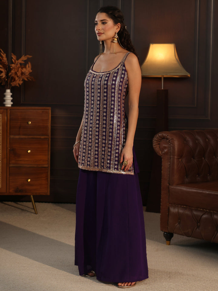 Libas Art Purple Strappy Embellished Chinon Palazzo Suit Set