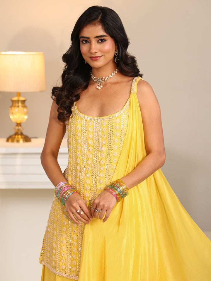 Libas Art Yellow Embellished Strappy Chinon Palazzo Suit Set