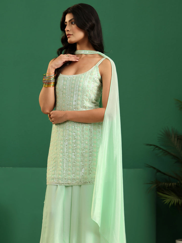 Libas Art Mint Green Sequin Embellished Strappy Chinon Palazzo Suit Set