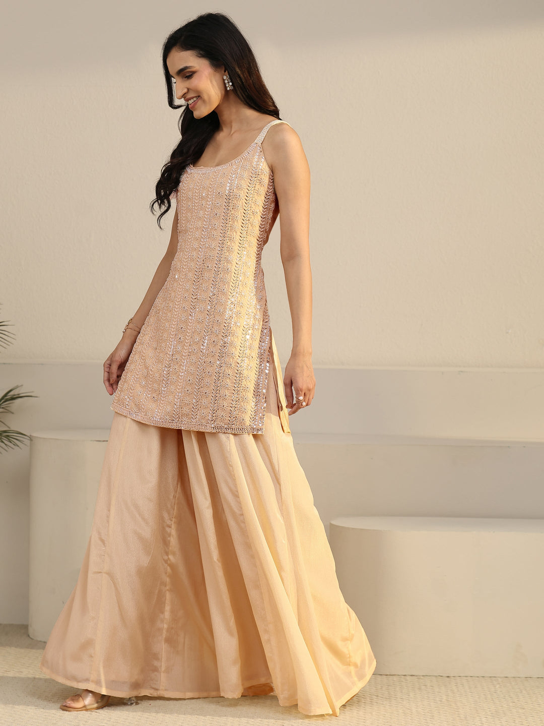 Libas Art Beige Strappy Embellished Chinon Palazzo Suit Set