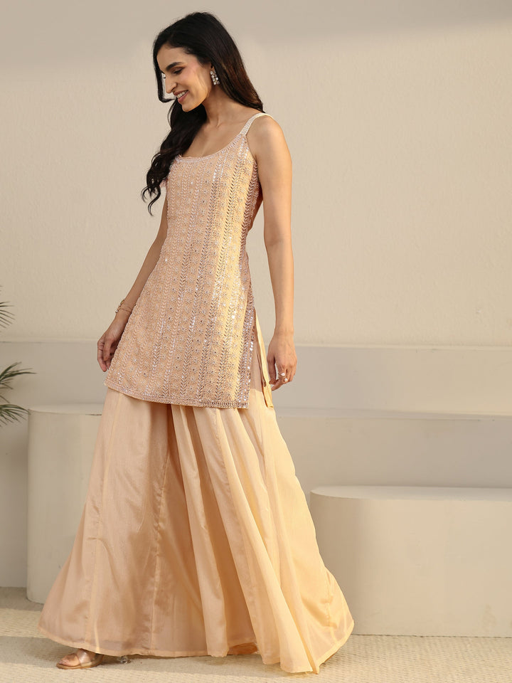 Libas Art Beige Strappy Embellished Chinon Palazzo Suit Set