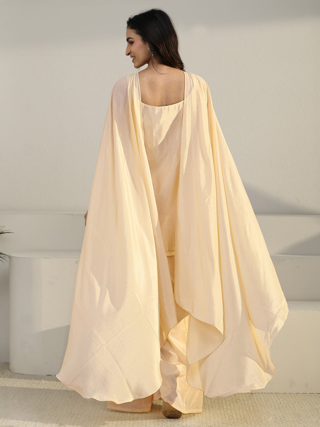Libas Art Beige Strappy Embellished Chinon Palazzo Suit Set