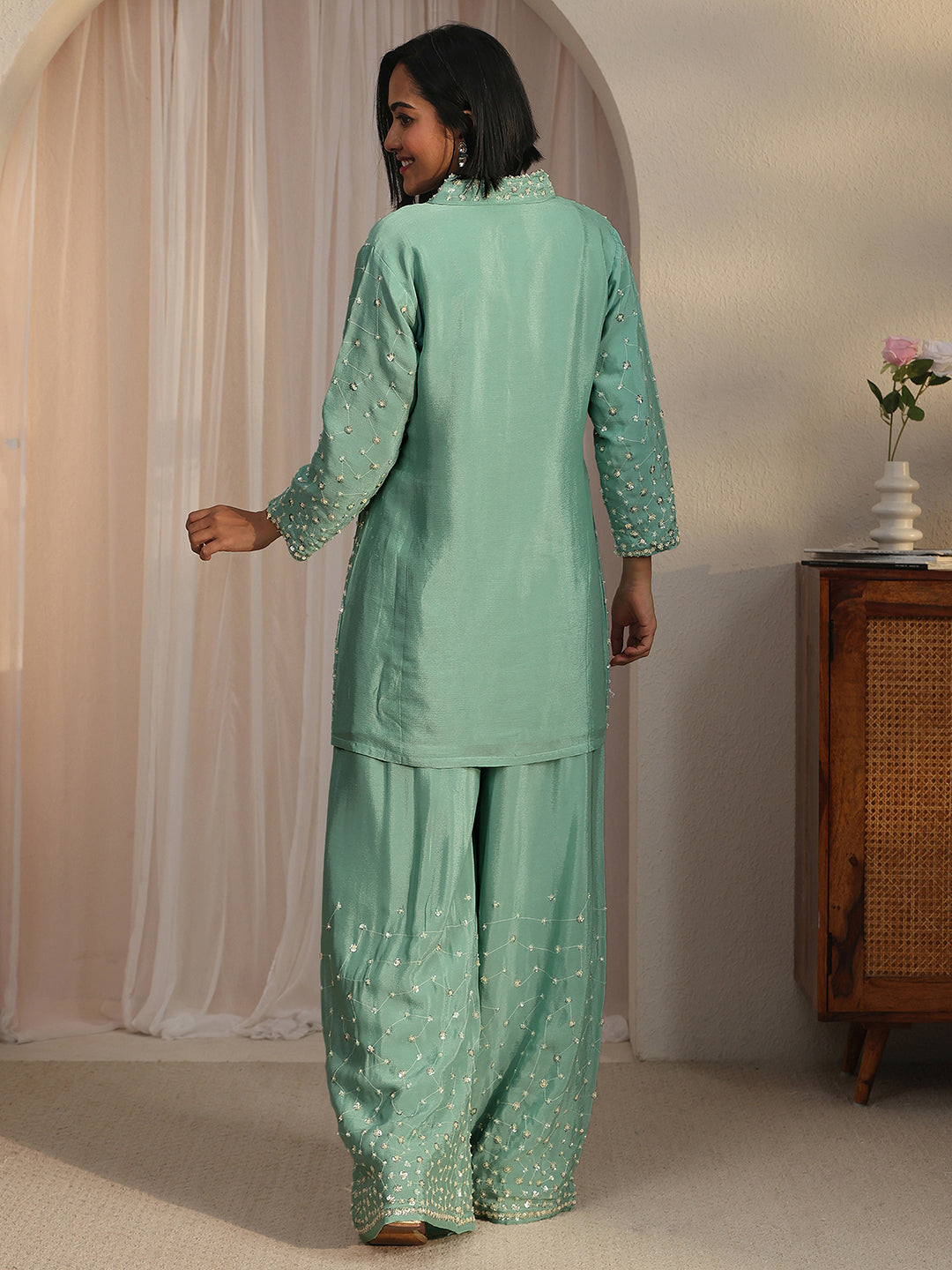 Libas Art Green Sequin Embellished Chinon Co-Ord Set
