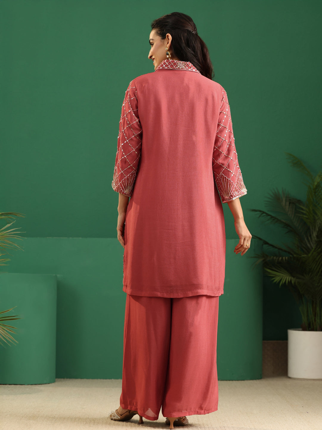 Libas Art Dusty Rose Pink Embellished Chinon Co-Ord Set