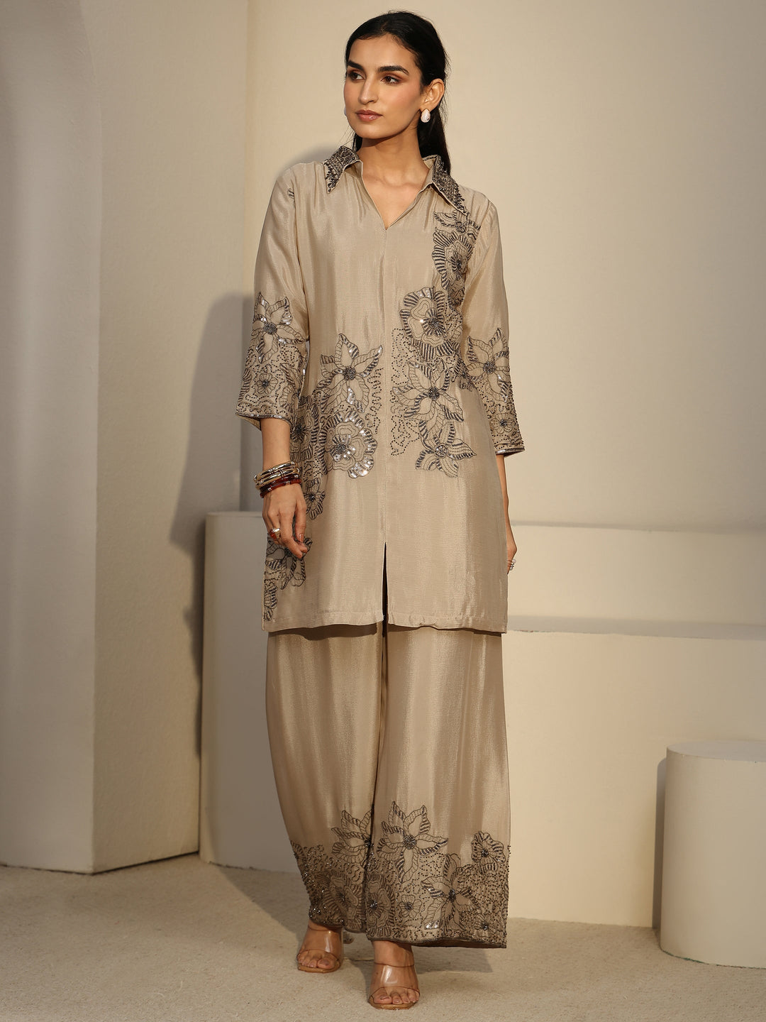 Libas Art Cream Floral Embellished Chinon Co-Ord Set