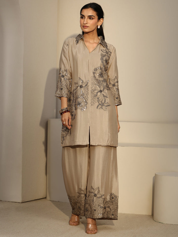 Libas Art Cream Floral Embellished Chinon Co-Ord Set