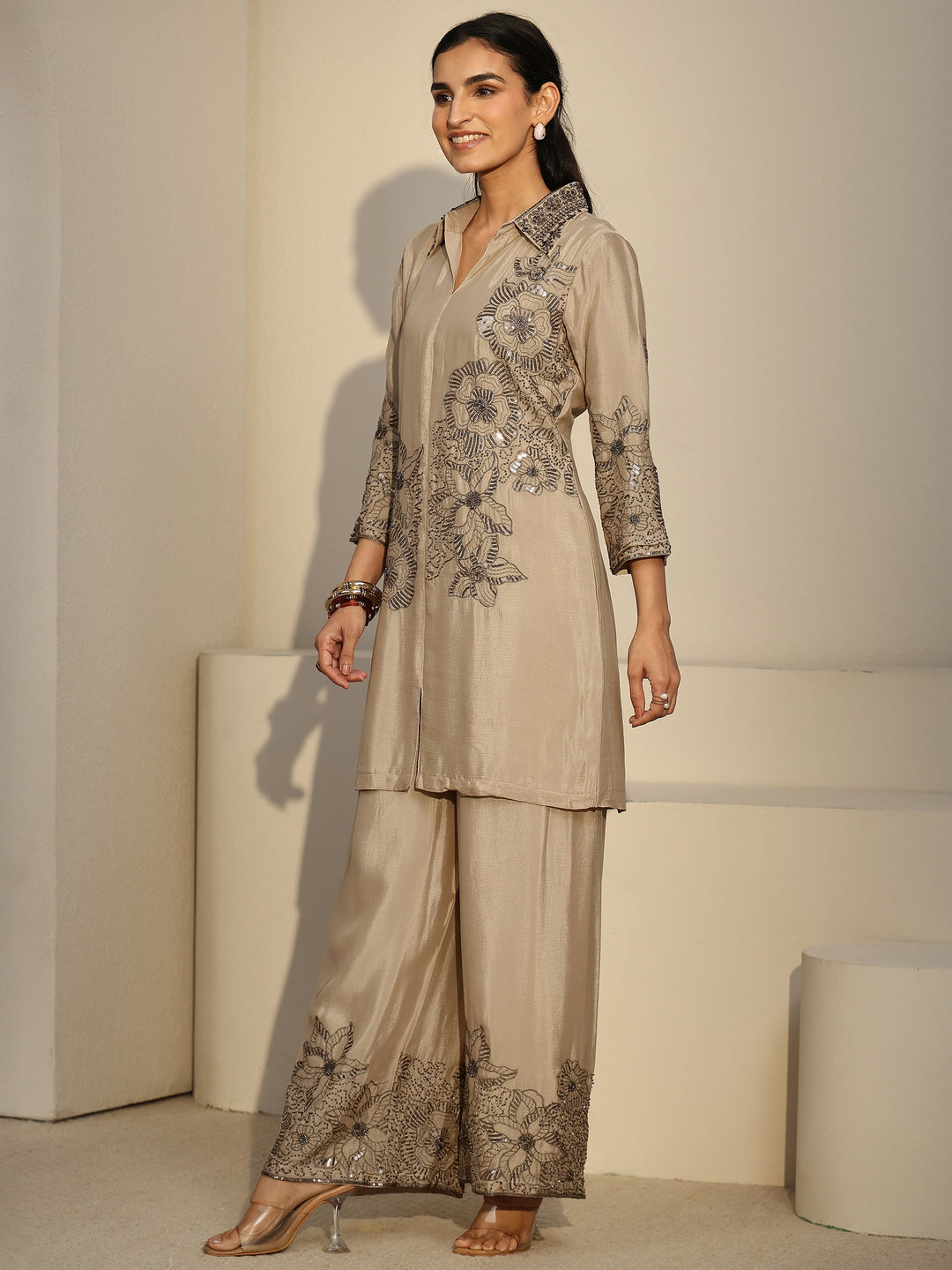 Libas Art Cream Floral Embellished Chinon Co-Ord Set
