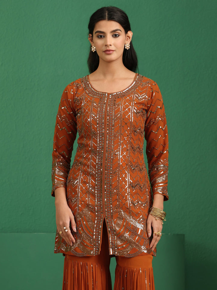 Libas Art Rust Brown Embellished Georgette Sharara Suit Set