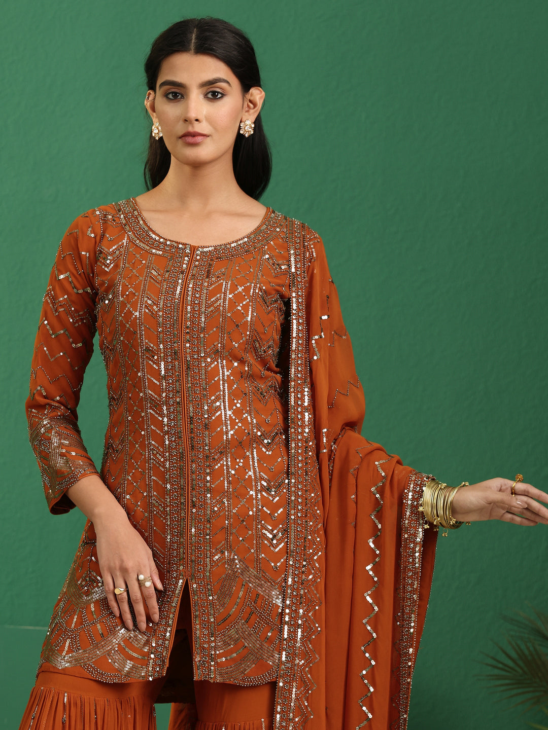 Libas Art Rust Brown Embellished Georgette Sharara Suit Set