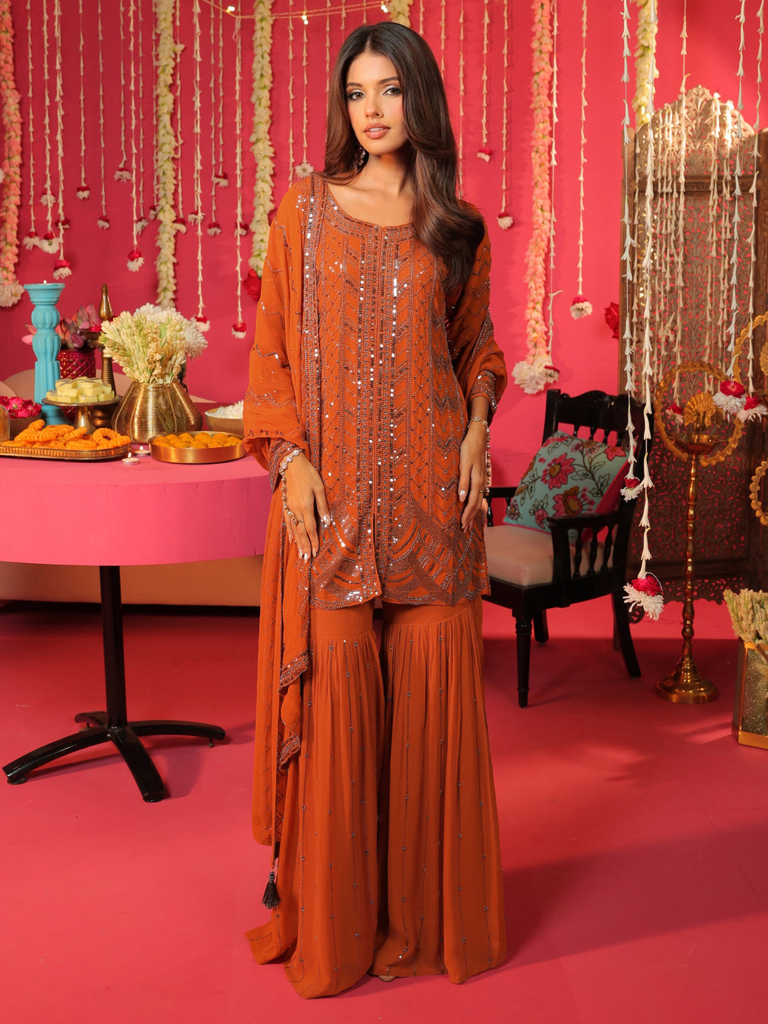 Libas Art Rust Brown Embellished Georgette Sharara Suit Set