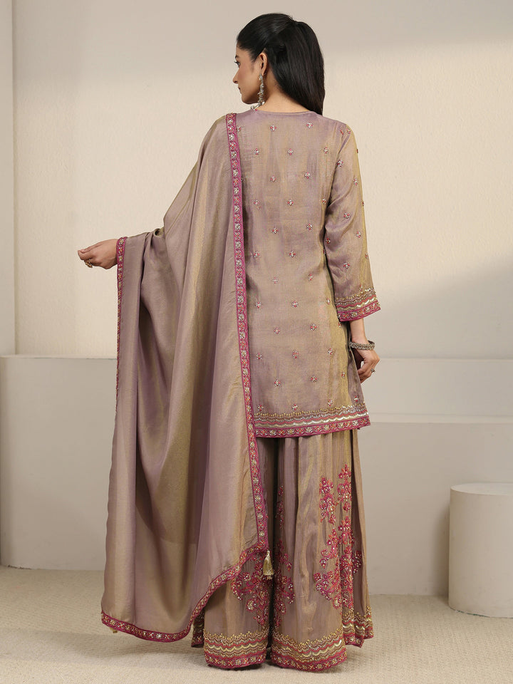 Libas Art Taupe Floral Embroidered Organza Palazzo Suit Set