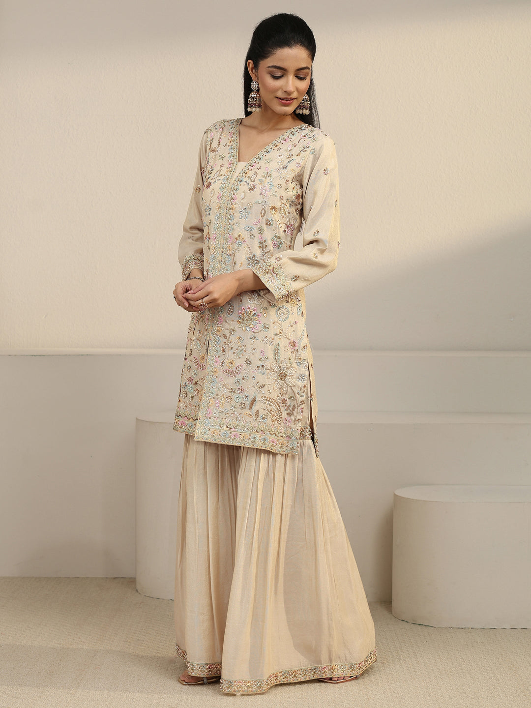 Libas Art Off White Floral Embroidered Organza Palazzo Suit Set