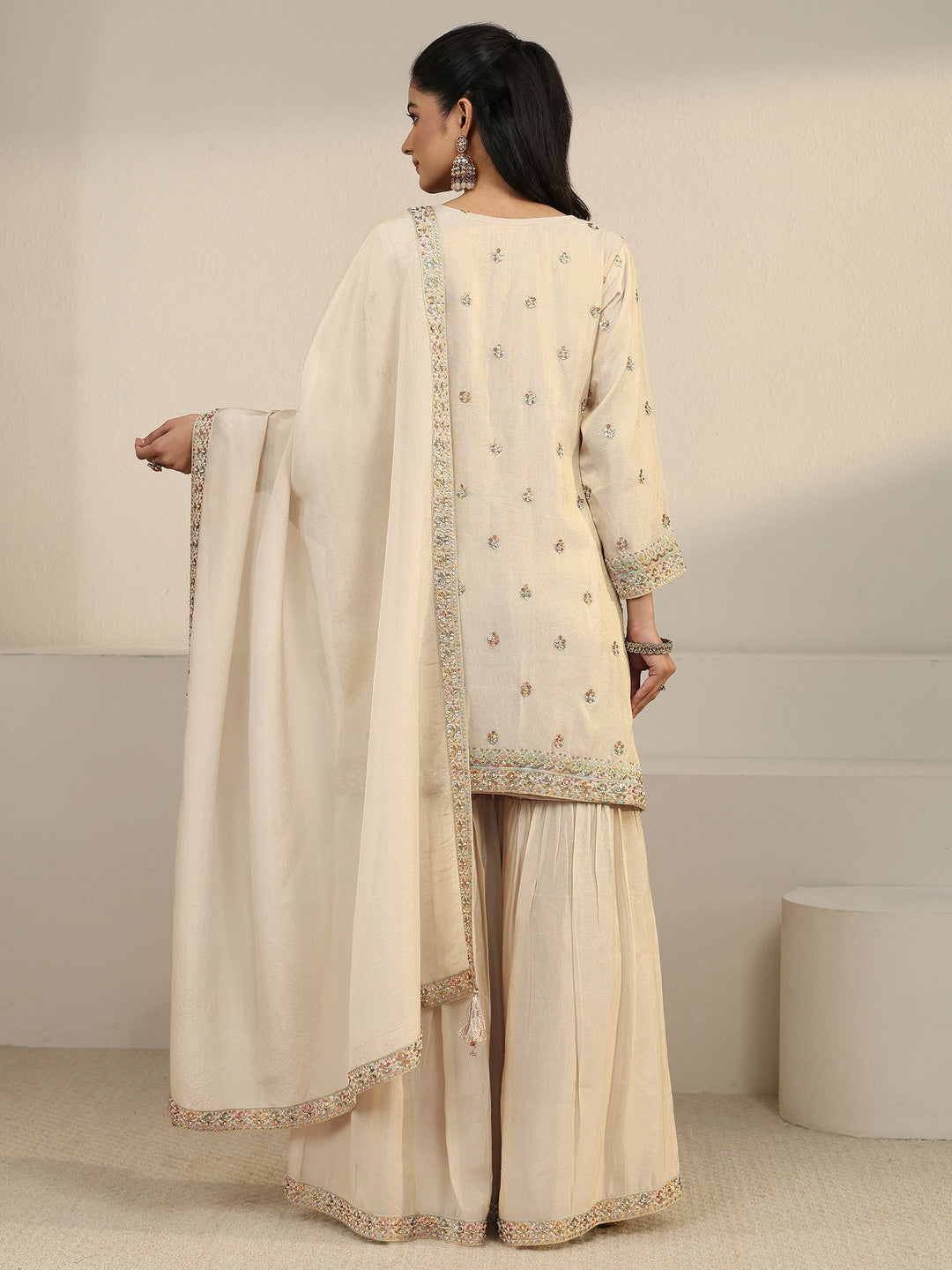 Libas Art Off White Floral Embroidered Organza Palazzo Suit Set