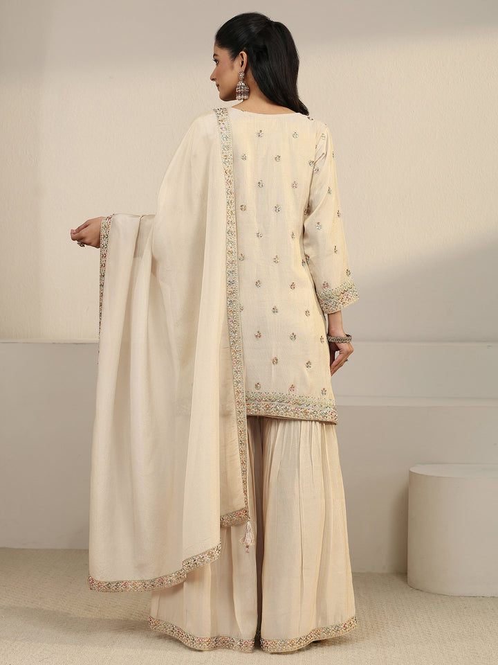 Libas Art Off White Floral Embroidered Organza Palazzo Suit Set