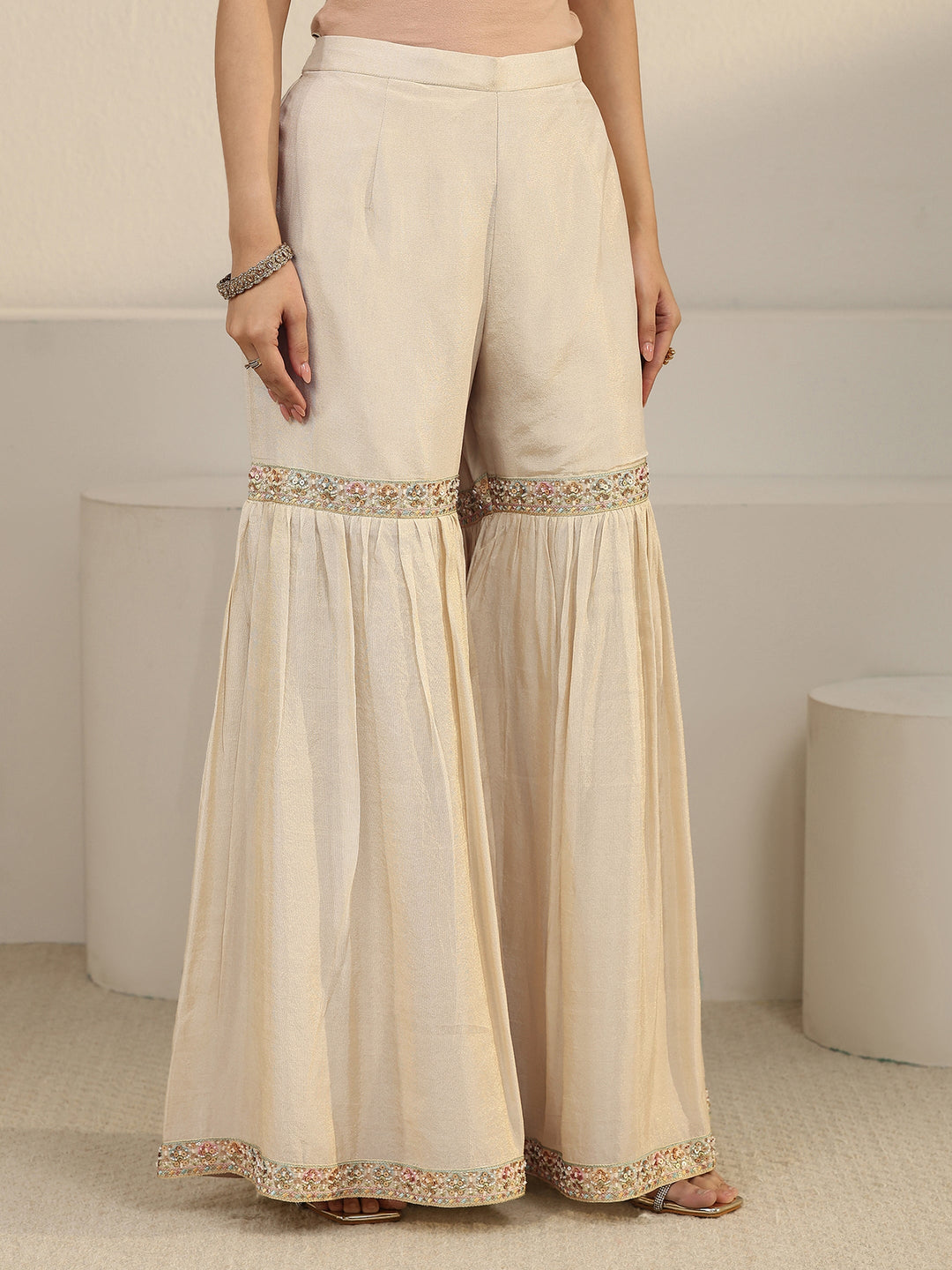 Libas Art Off White Floral Embroidered Organza Palazzo Suit Set