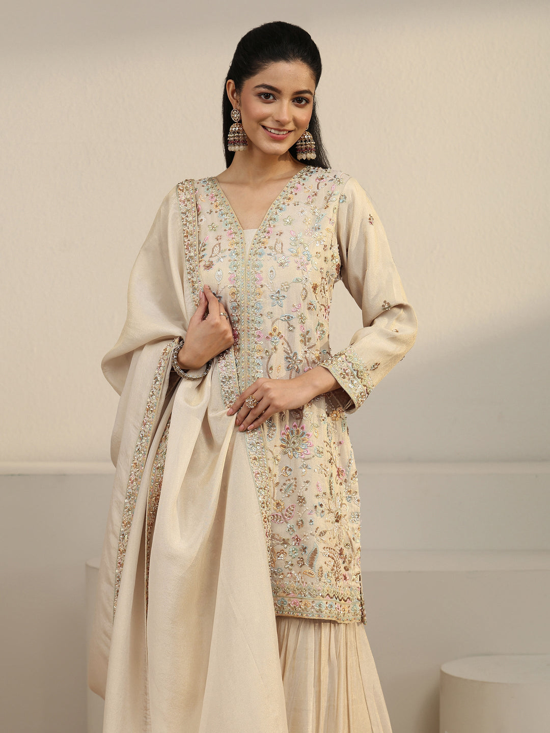 Libas Art Off White Floral Embroidered Organza Palazzo Suit Set