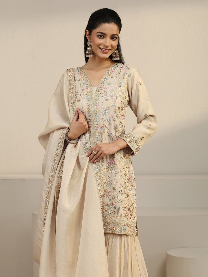 Libas Art Off White Floral Embroidered Organza Palazzo Suit Set