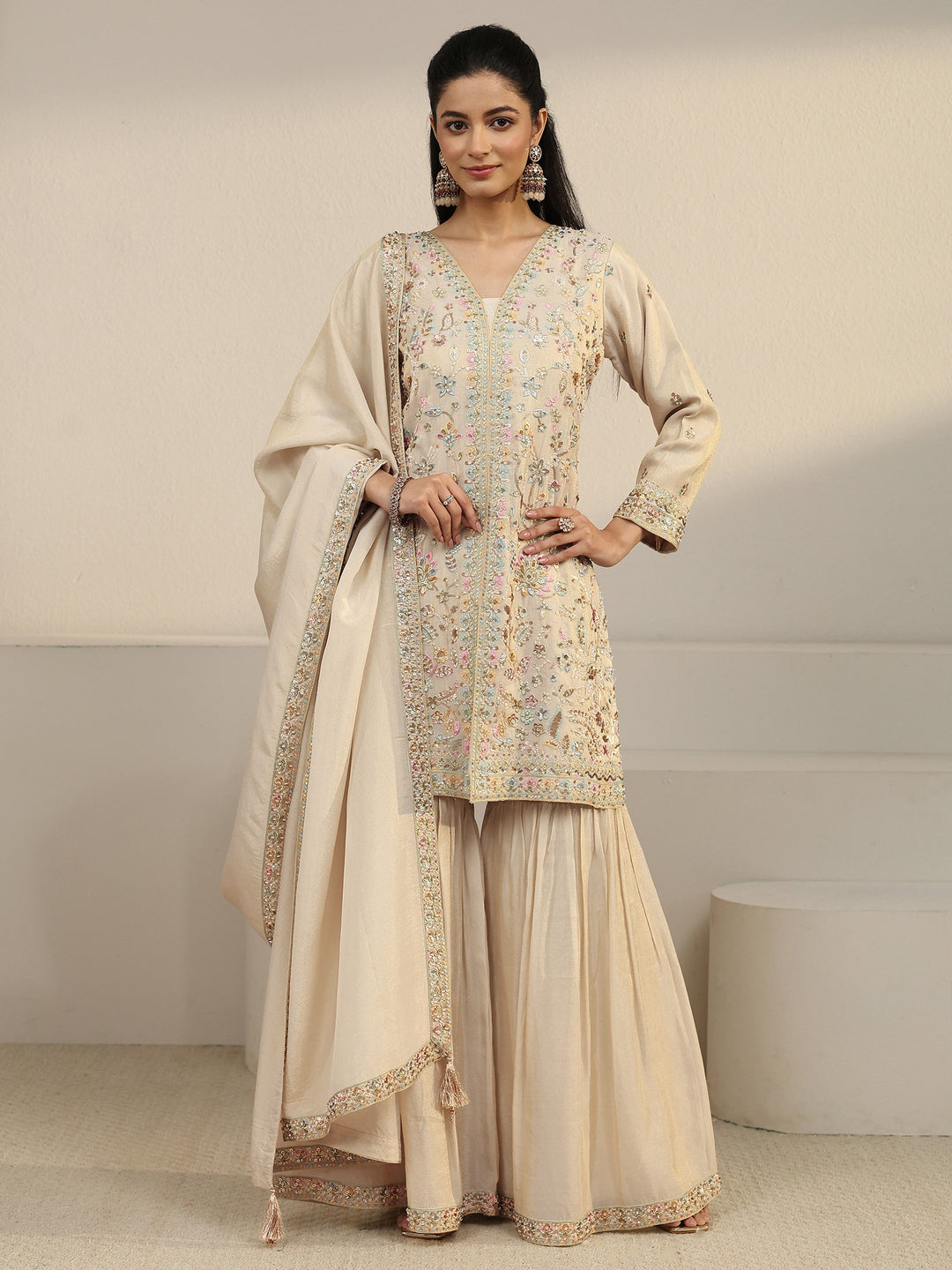 Libas Art Off White Floral Embroidered Organza Palazzo Suit Set