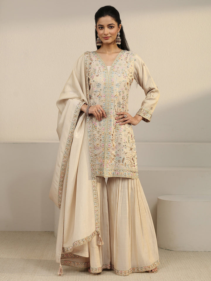 Libas Art Off White Floral Embroidered Organza Palazzo Suit Set