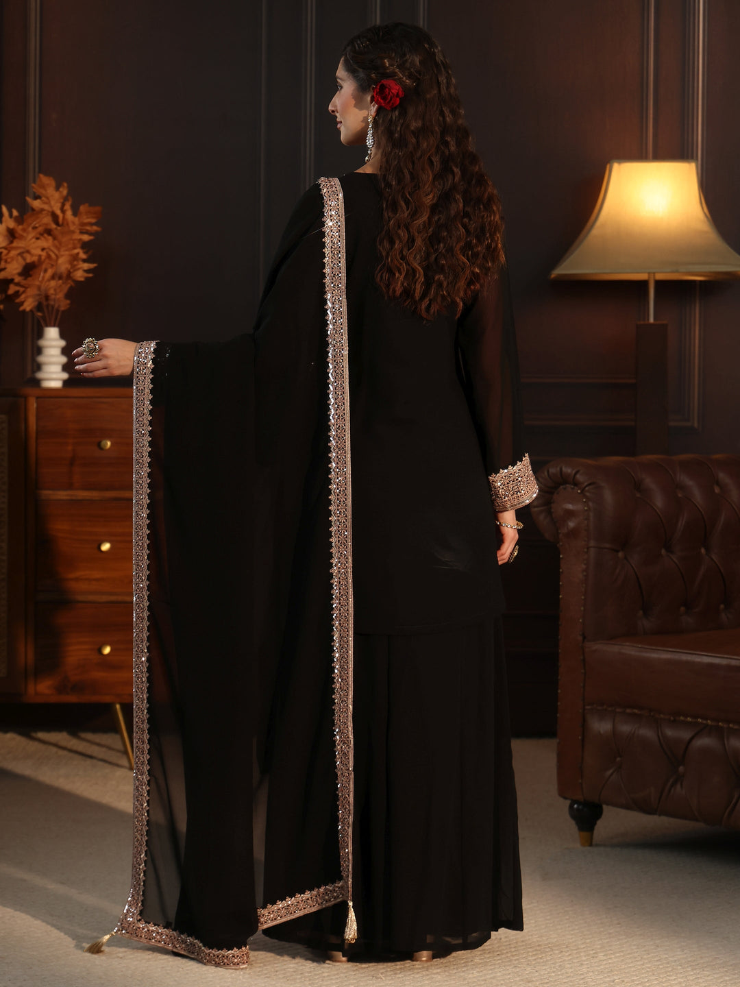 Libas Art Black Embellished Georgette Palazzo Suit Set