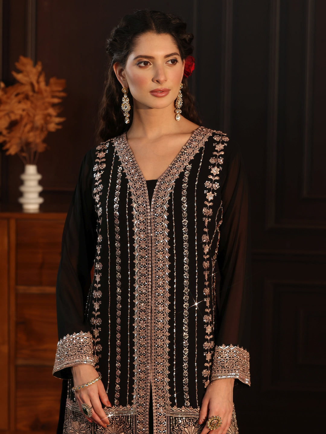 Libas Art Black Embellished Georgette Palazzo Suit Set