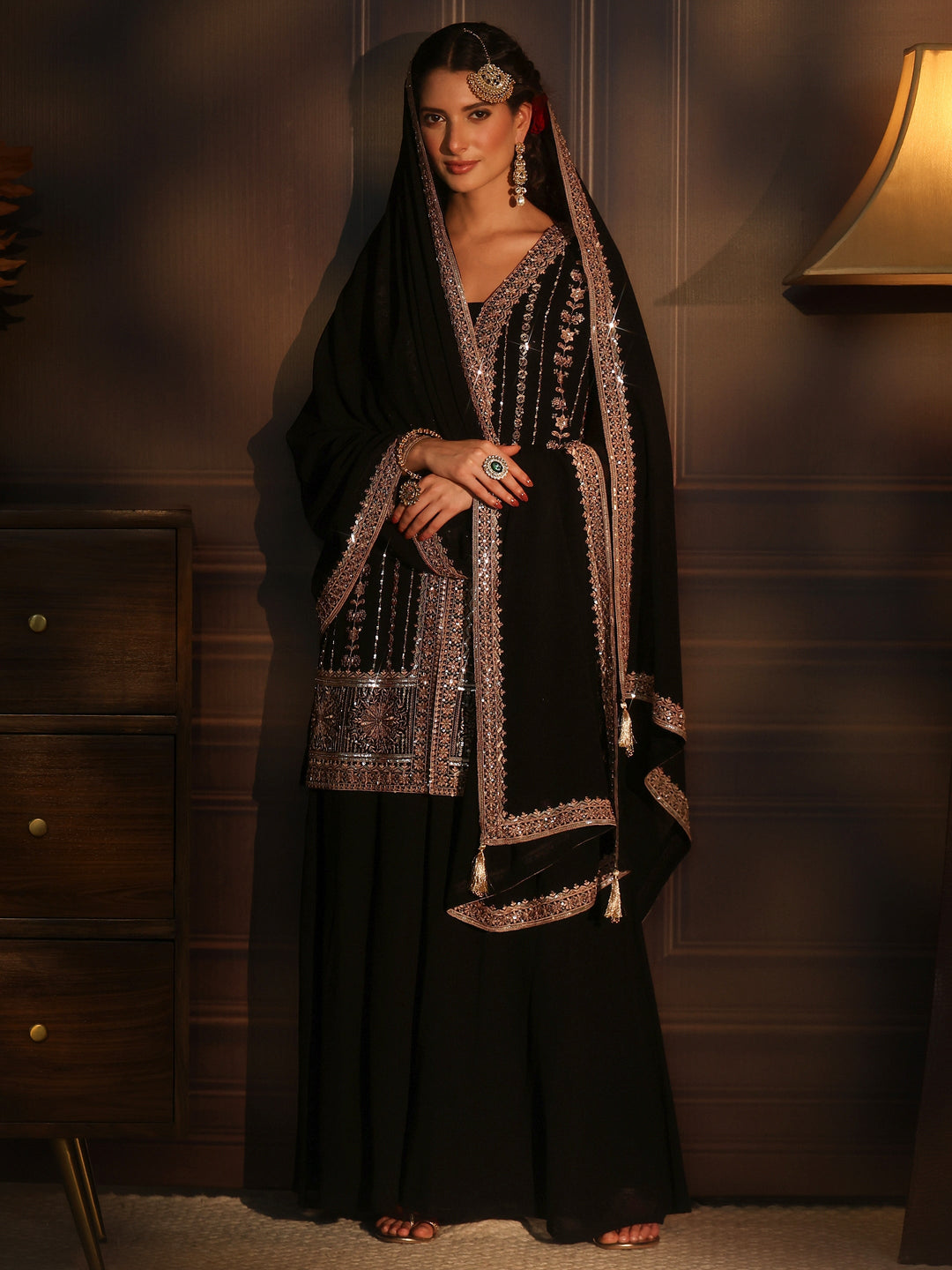 Libas Art Black Embellished Georgette Palazzo Suit Set