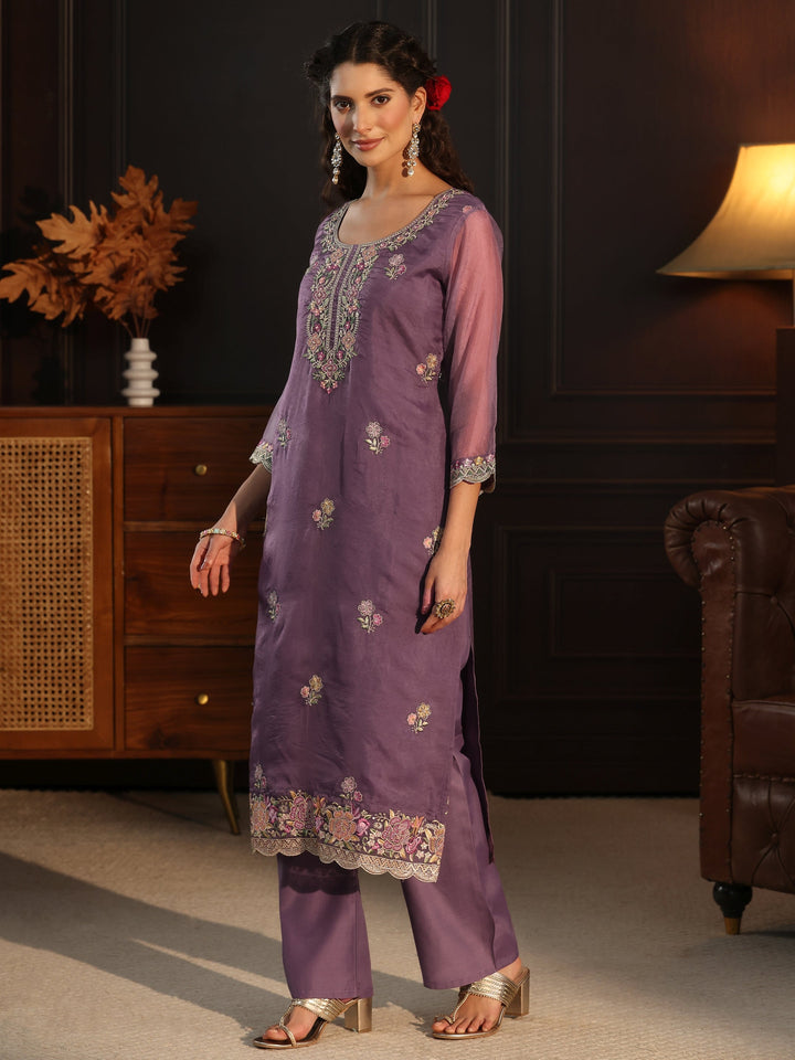 Libas Purple Floral Embroidered Tissue Straight Suit Set