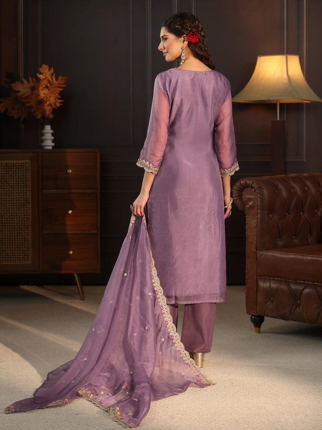 Libas Purple Floral Embroidered Tissue Straight Suit Set