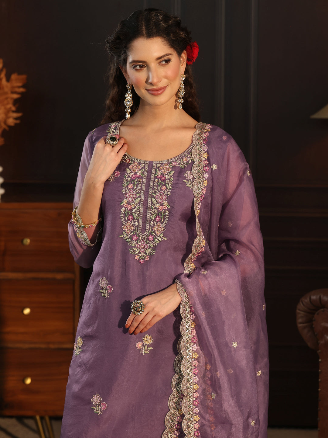 Libas Purple Floral Embroidered Tissue Straight Suit Set