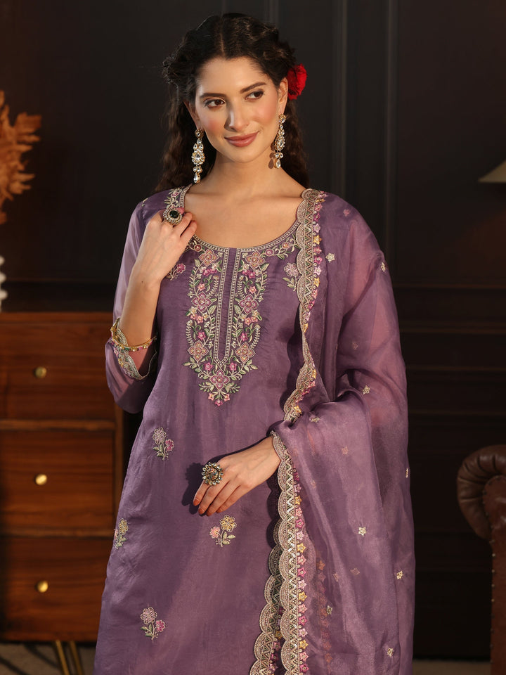 Libas Purple Floral Embroidered Tissue Straight Suit Set