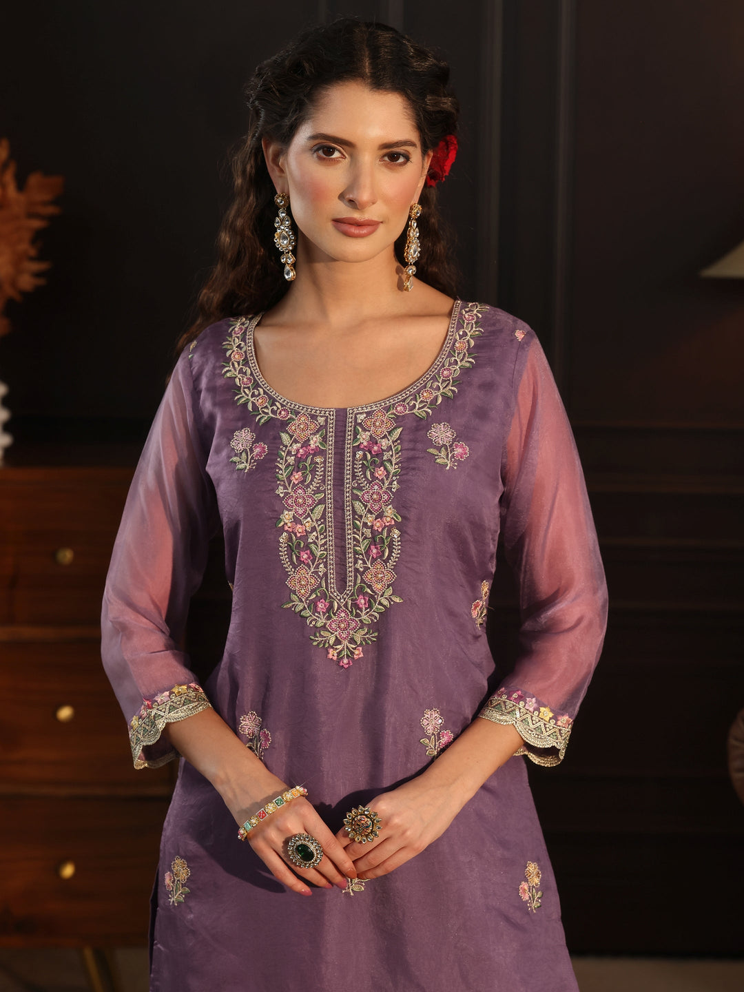 Libas Purple Floral Embroidered Tissue Straight Suit Set