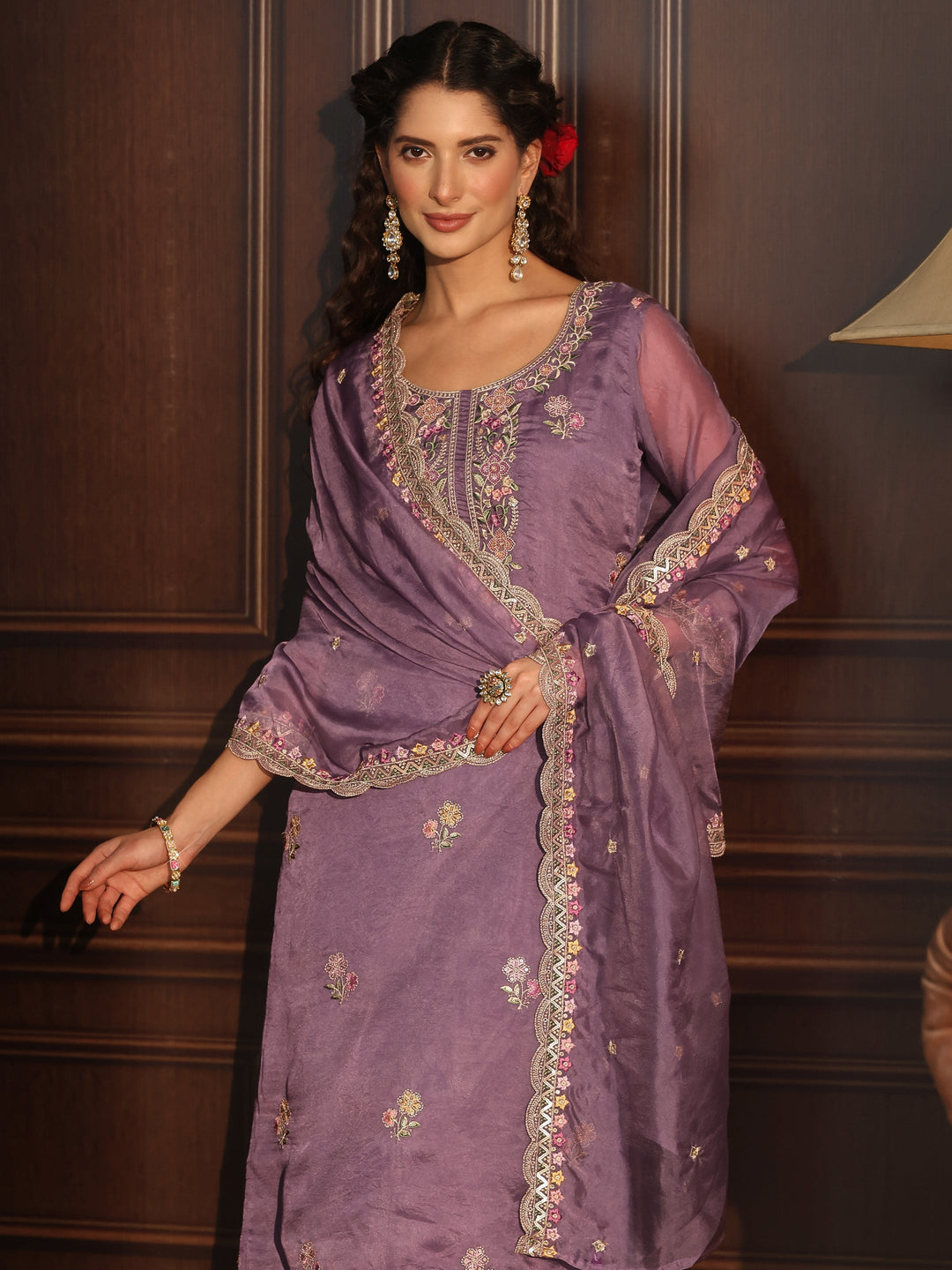 Libas Purple Floral Embroidered Tissue Straight Suit Set