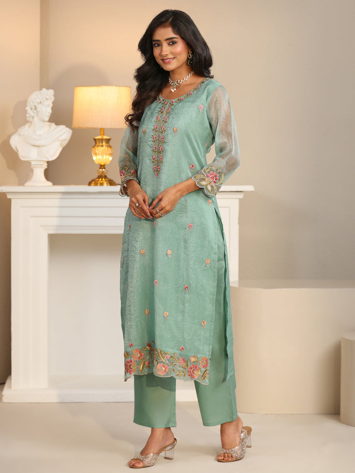 Libas Pale Turquoise Blue Floral Embroidered Tissue Straight Suit Set
