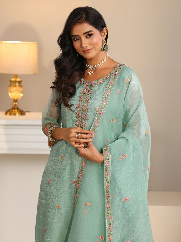 Libas Pale Turquoise Blue Floral Embroidered Tissue Straight Suit Set