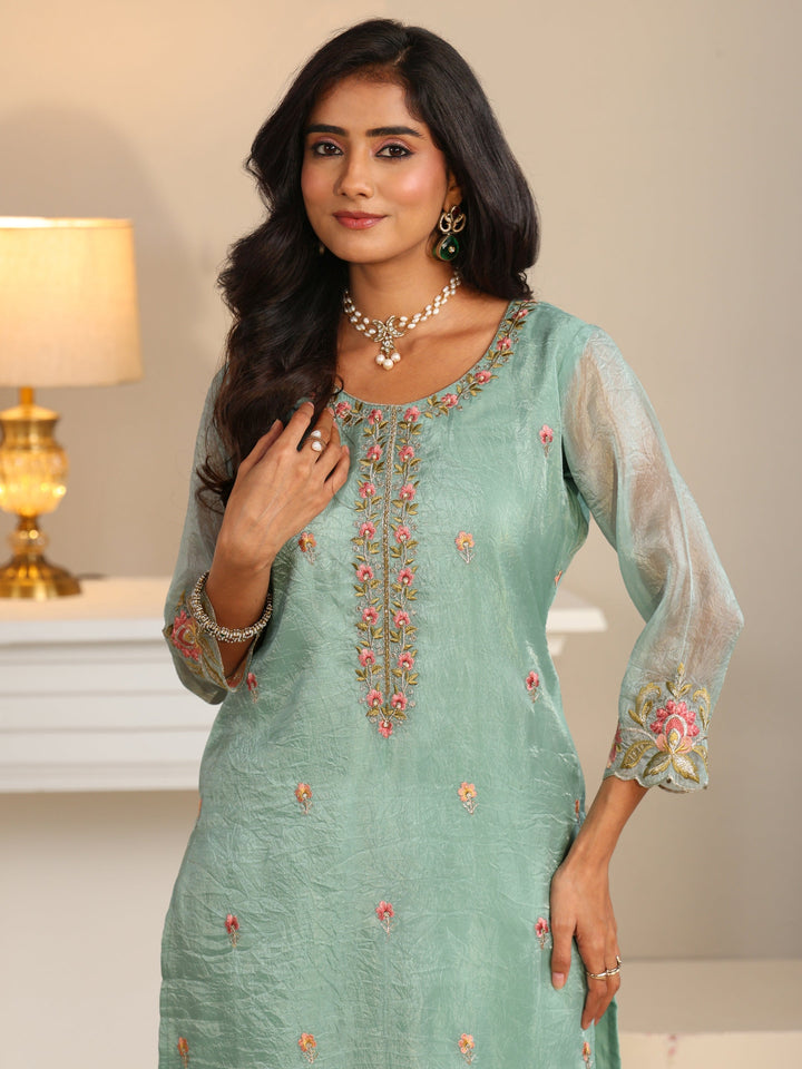 Libas Pale Turquoise Blue Floral Embroidered Tissue Straight Suit Set