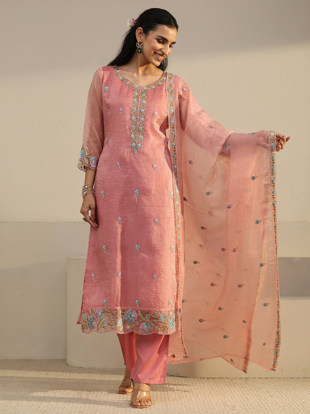 Libas Peach Floral Embroidered Tissue Straight Suit Set