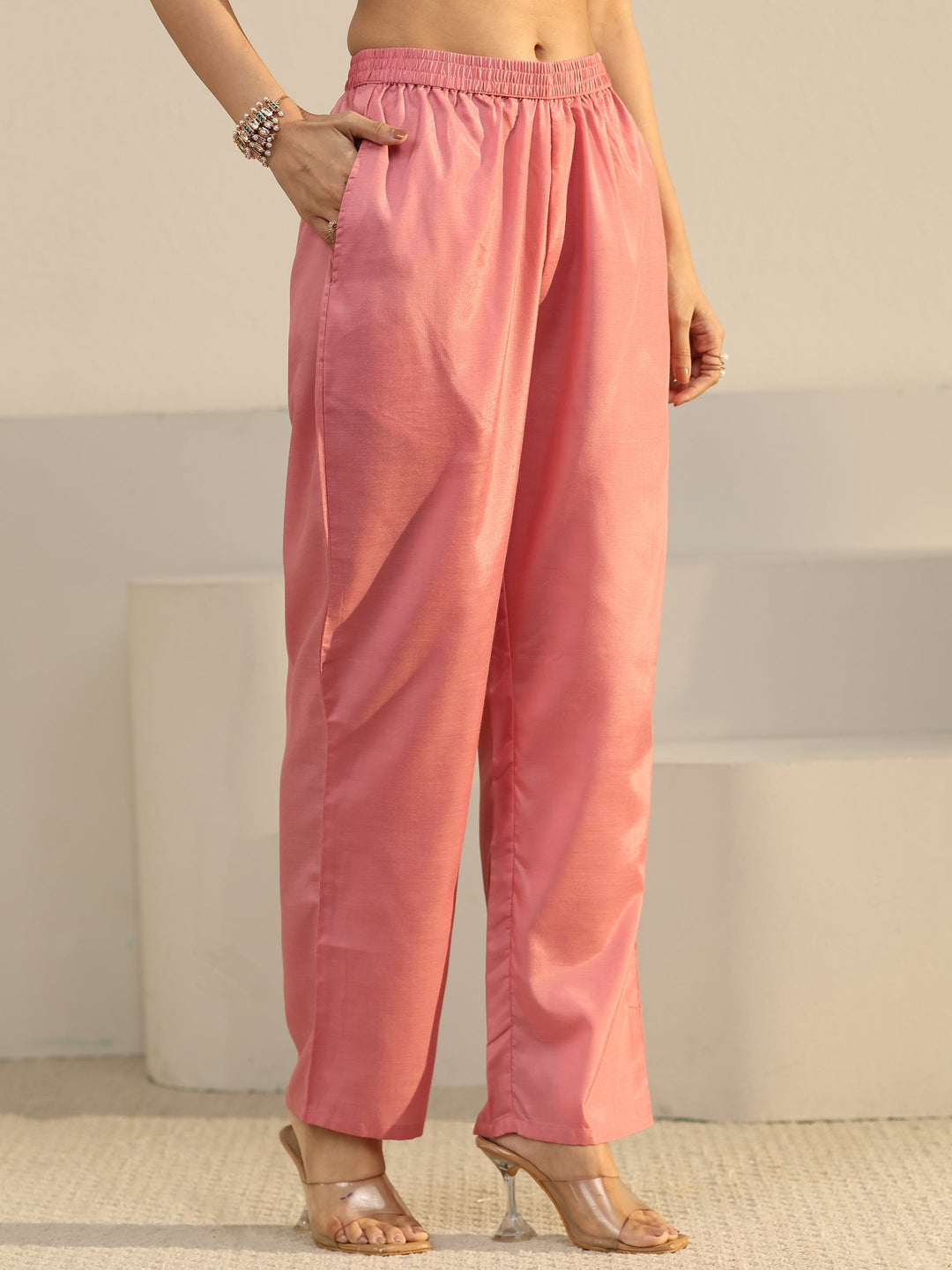 Libas Peach Floral Embroidered Tissue Straight Suit Set