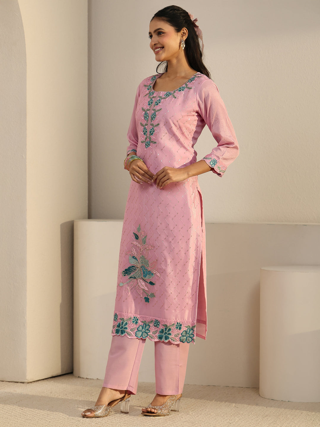Libas Pink Floral Embroidered Chinon Straight Suit Set