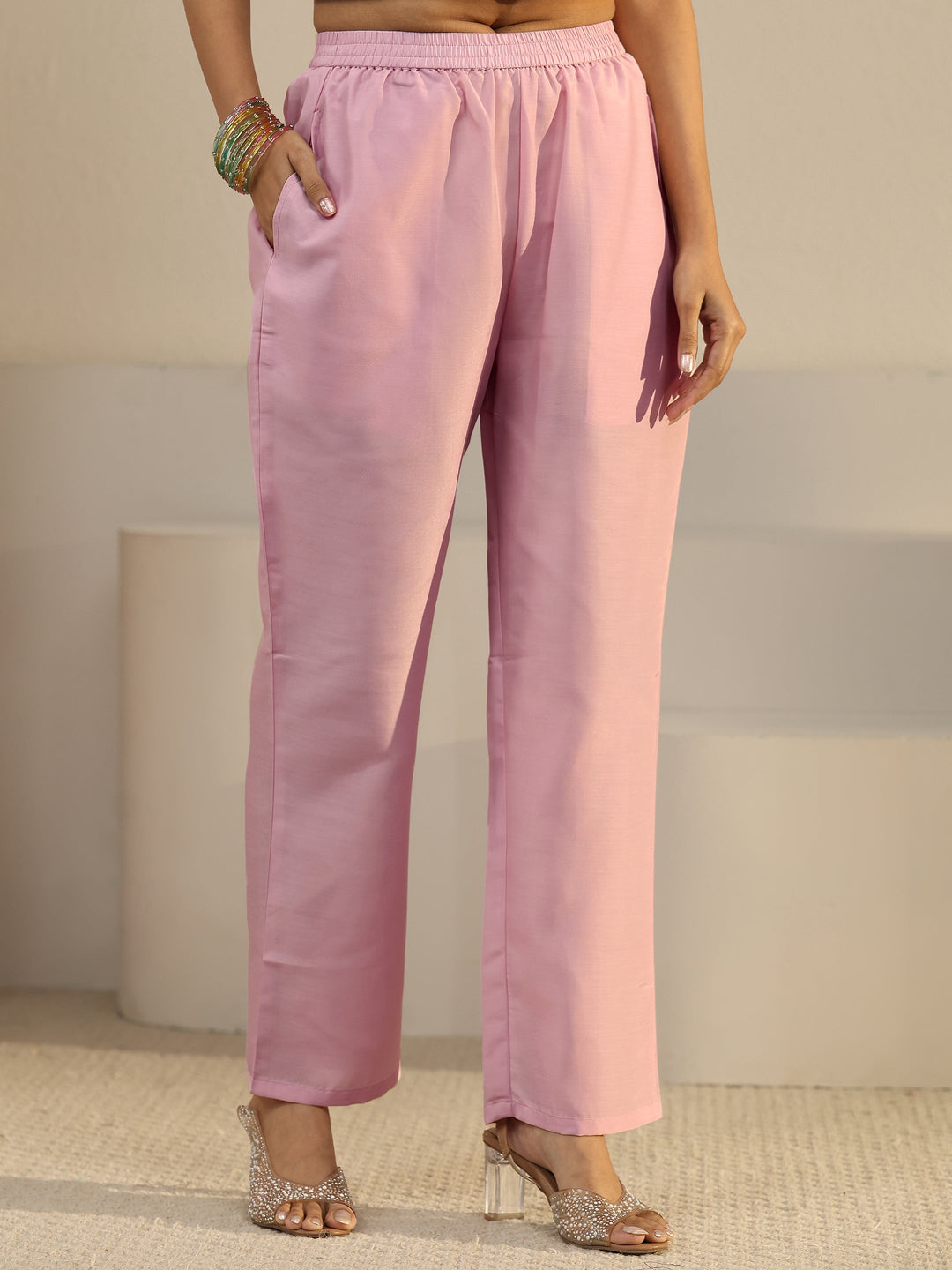 Libas Pink Floral Embroidered Chinon Straight Suit Set
