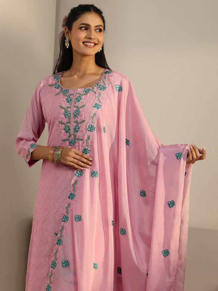 Libas Pink Floral Embroidered Chinon Straight Suit Set