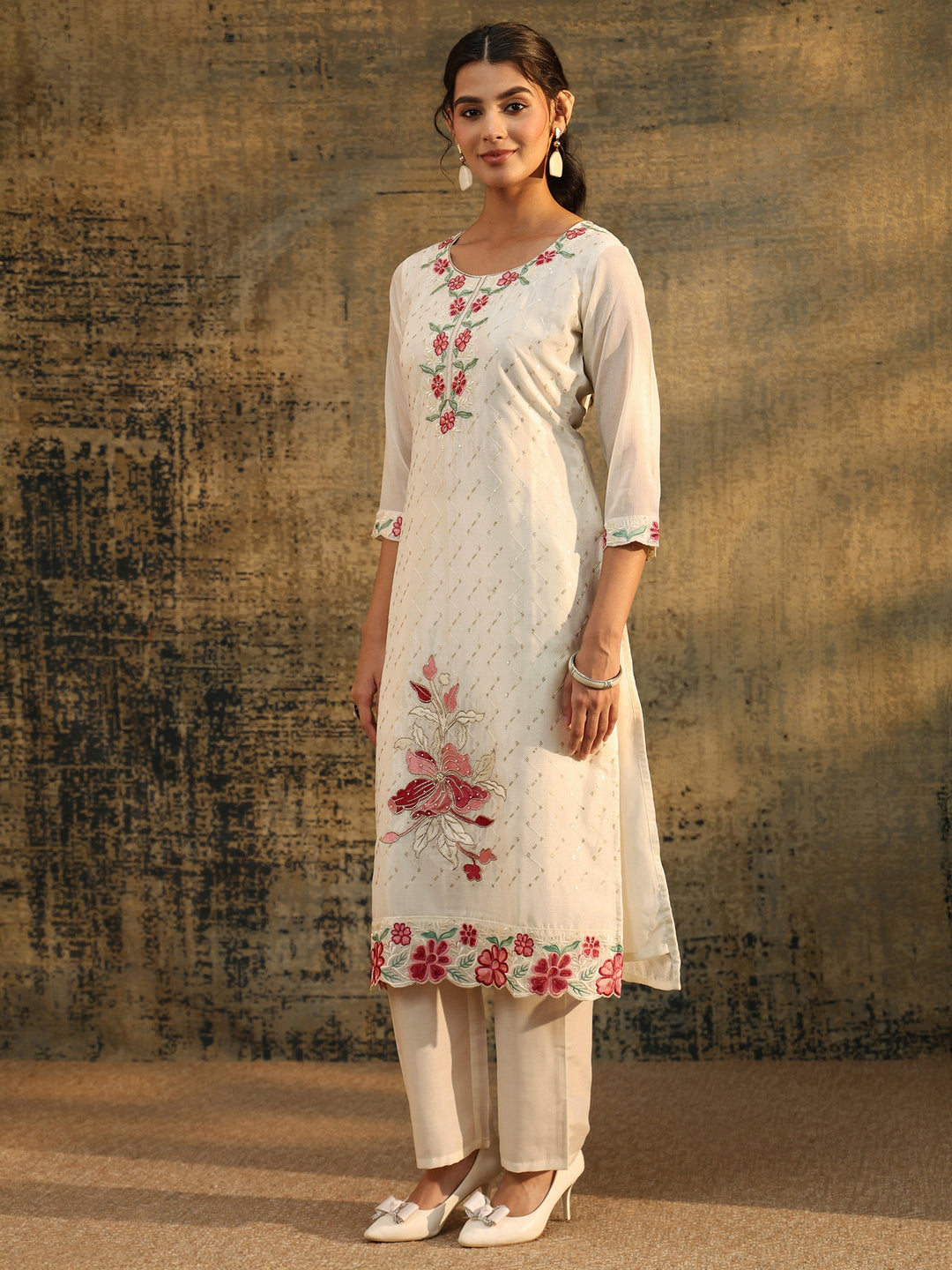 Libas White Floral Chevron Printed Chinon Straight Suit Set