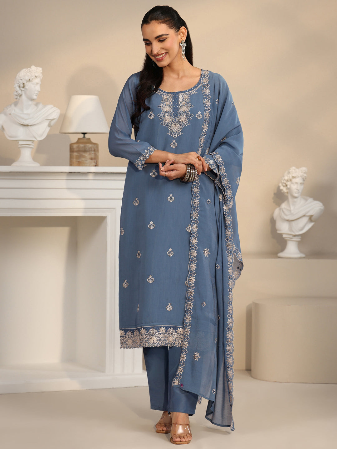 Libas Dusty Blue Ethnic Embroidered Silk Blend Straight Suit Set