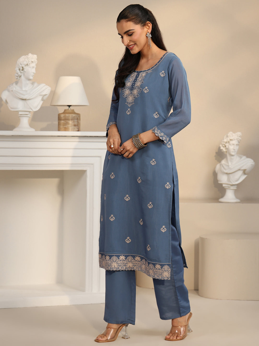 Libas Dusty Blue Ethnic Embroidered Silk Blend Straight Suit Set