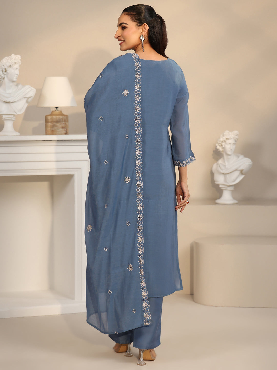 Libas Dusty Blue Ethnic Embroidered Silk Blend Straight Suit Set