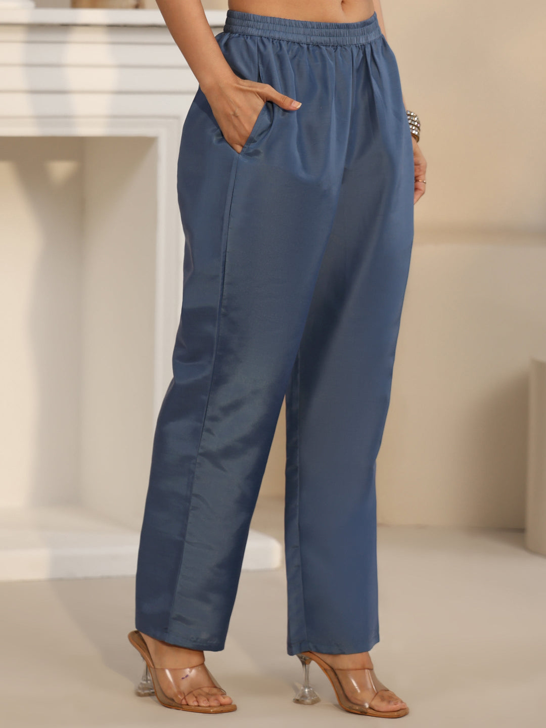 Libas Dusty Blue Ethnic Embroidered Silk Blend Straight Suit Set
