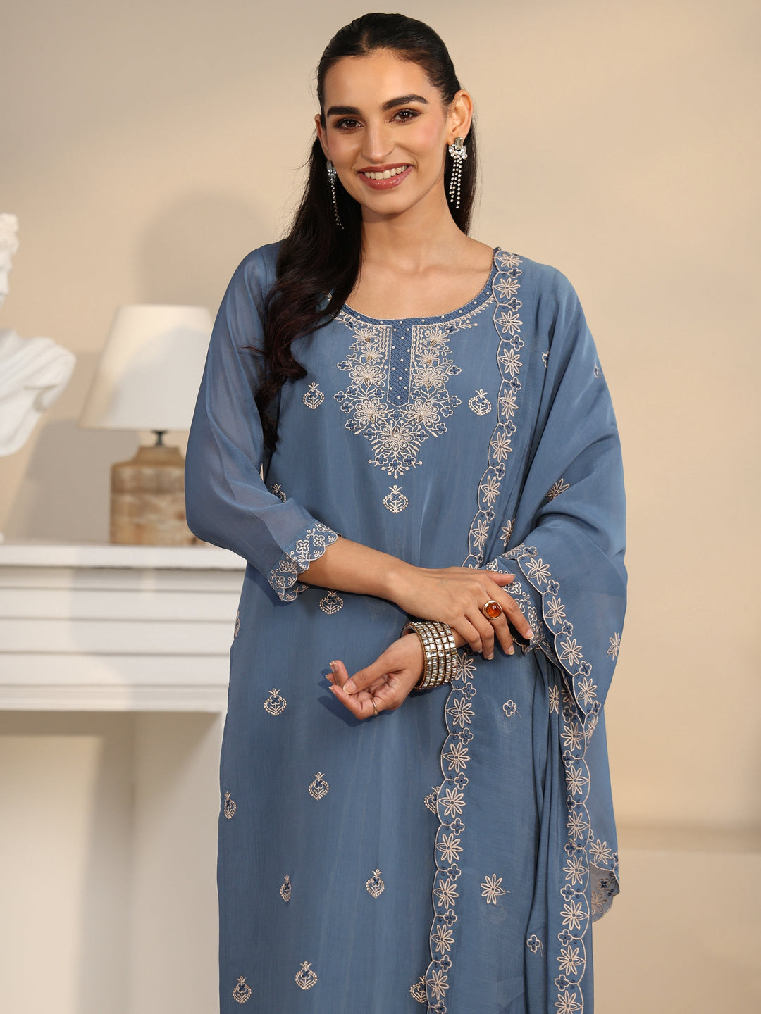 Libas Dusty Blue Ethnic Embroidered Silk Blend Straight Suit Set