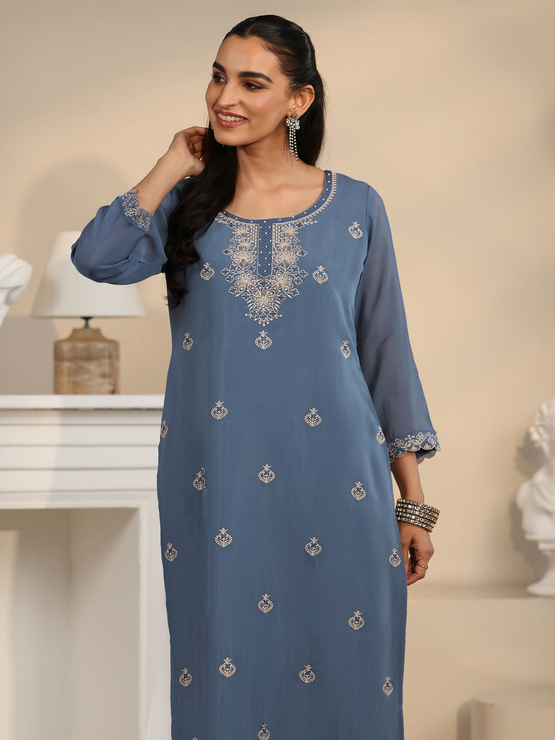 Libas Dusty Blue Ethnic Embroidered Silk Blend Straight Suit Set