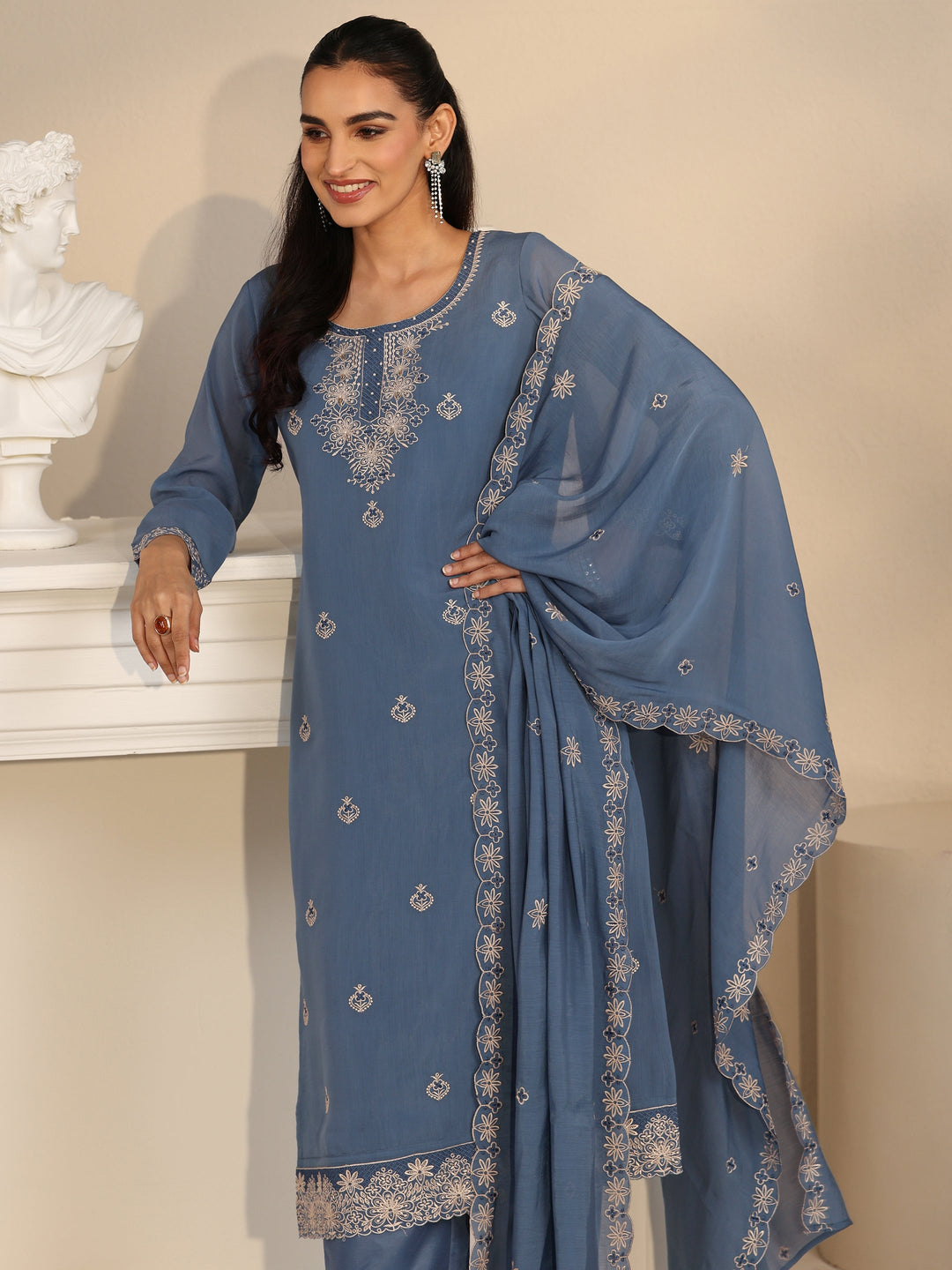 Libas Dusty Blue Ethnic Embroidered Silk Blend Straight Suit Set
