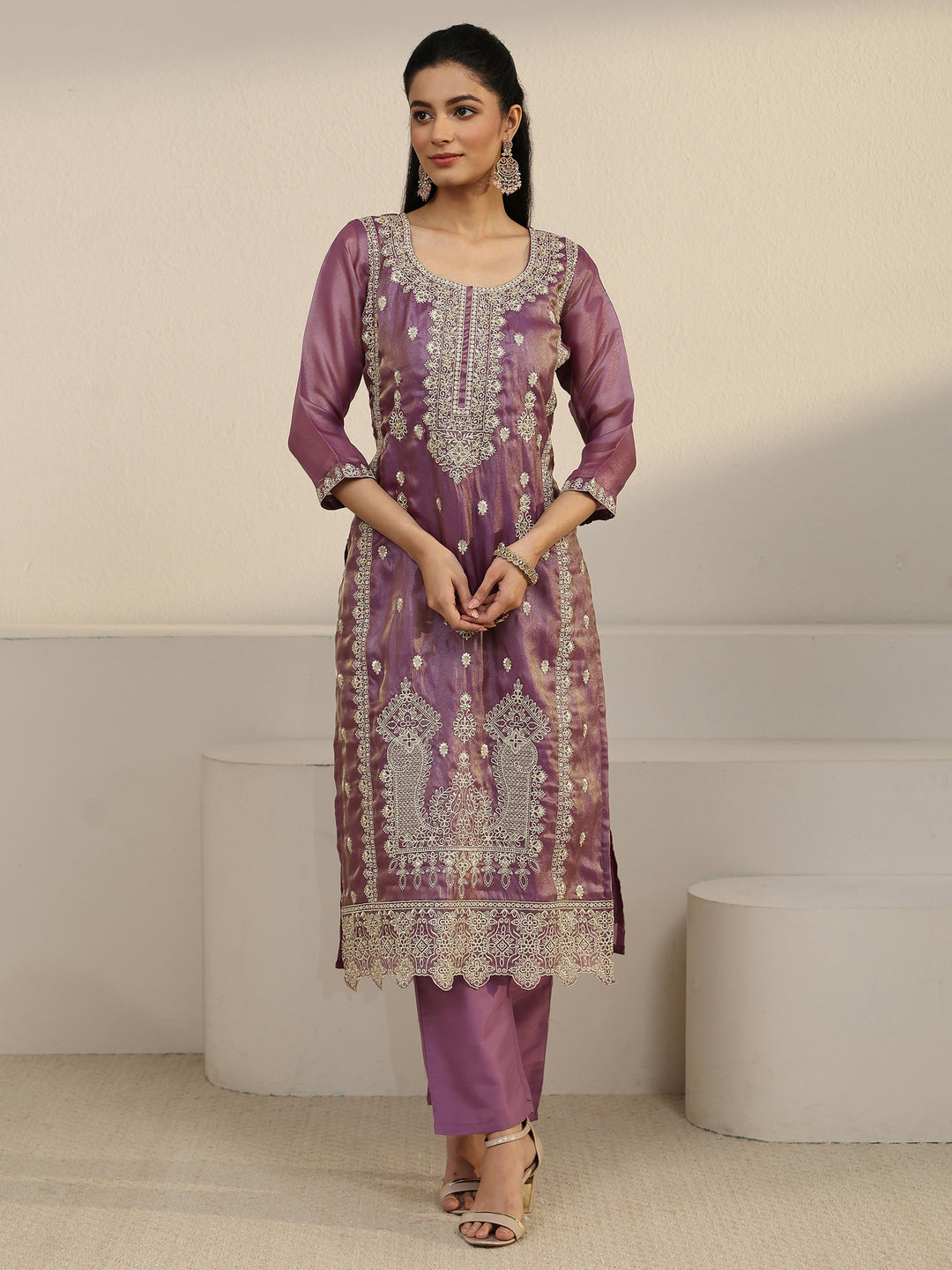 Libas Purple Floral Embroidered Organza Straight Suit Set